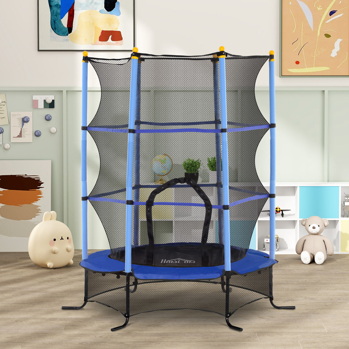 Trampoline Enfant Ø 1,63 × 1,9H m Filet de sécurité Porte zipée Couvre-Ressorts 6 poteaux rembourrés Inclus Bleu-1