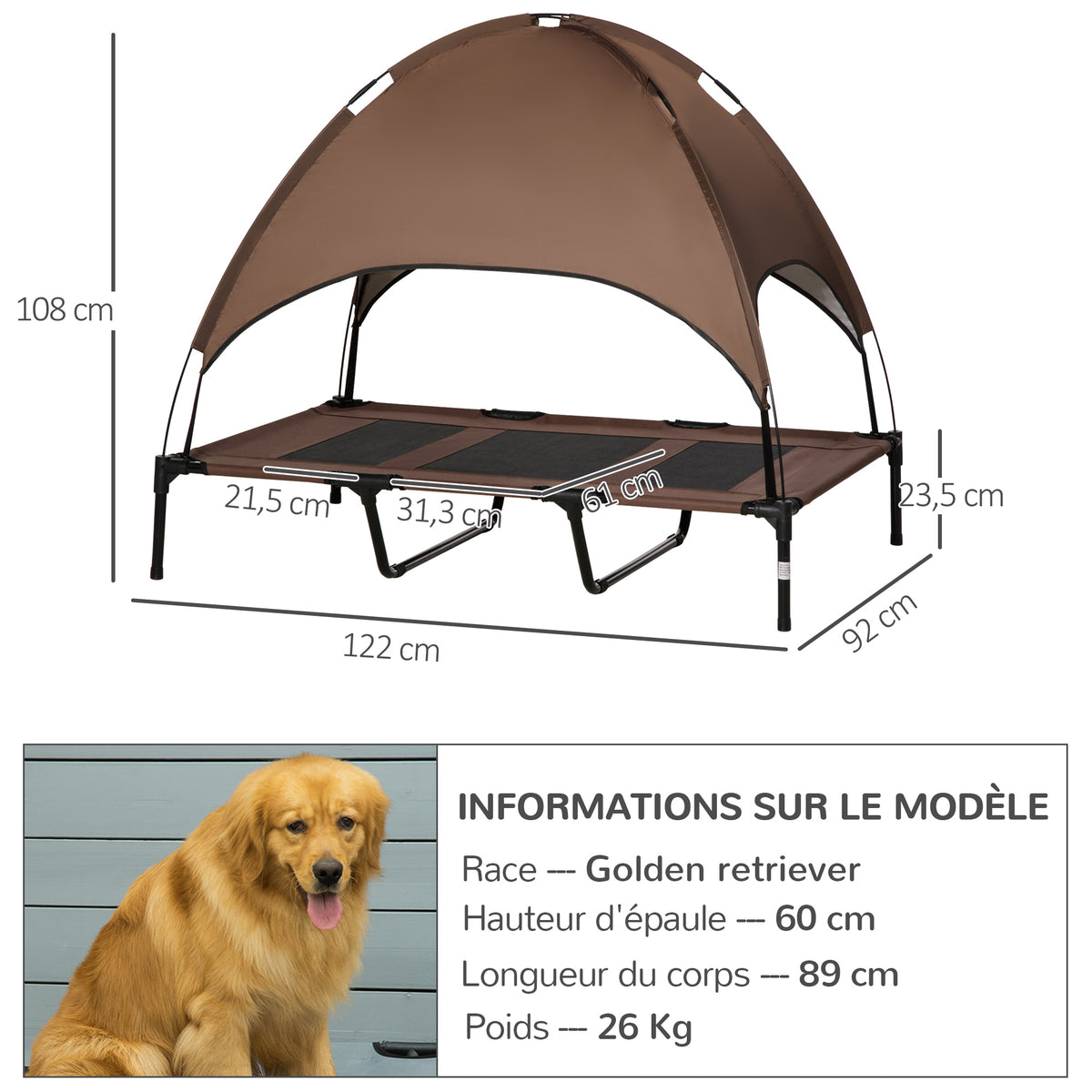 Lit pour chien chat sur pieds anti-UV tissu oxford micro-perforé + parasol + sac de transport inclus marron noir-2
