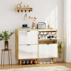 Meuble à chaussures, armoire à chaussures étroite, 4 tiroirs rabattables, porte haute brillante, 105x24x92,5cm, blanc-1