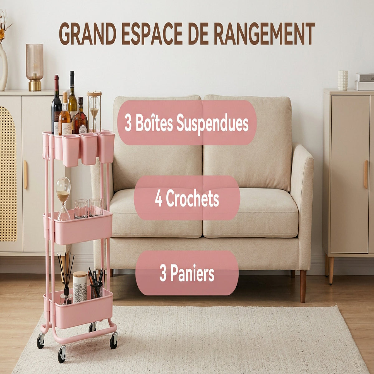 Chariot à 3 niveaux desserte avec 4 crochets et 3 boîtes suspendues amovibles pour 42 x 38 x 86,5 cm rose-3