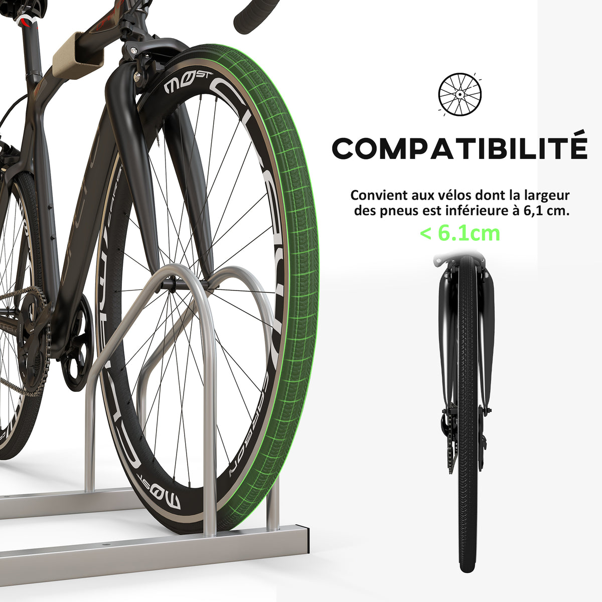 Râtelier 2 vélos range-vélos support rangement vélo à pneu 61 mm dim. 50L x 34l x 27,5H cm acier argenté-4