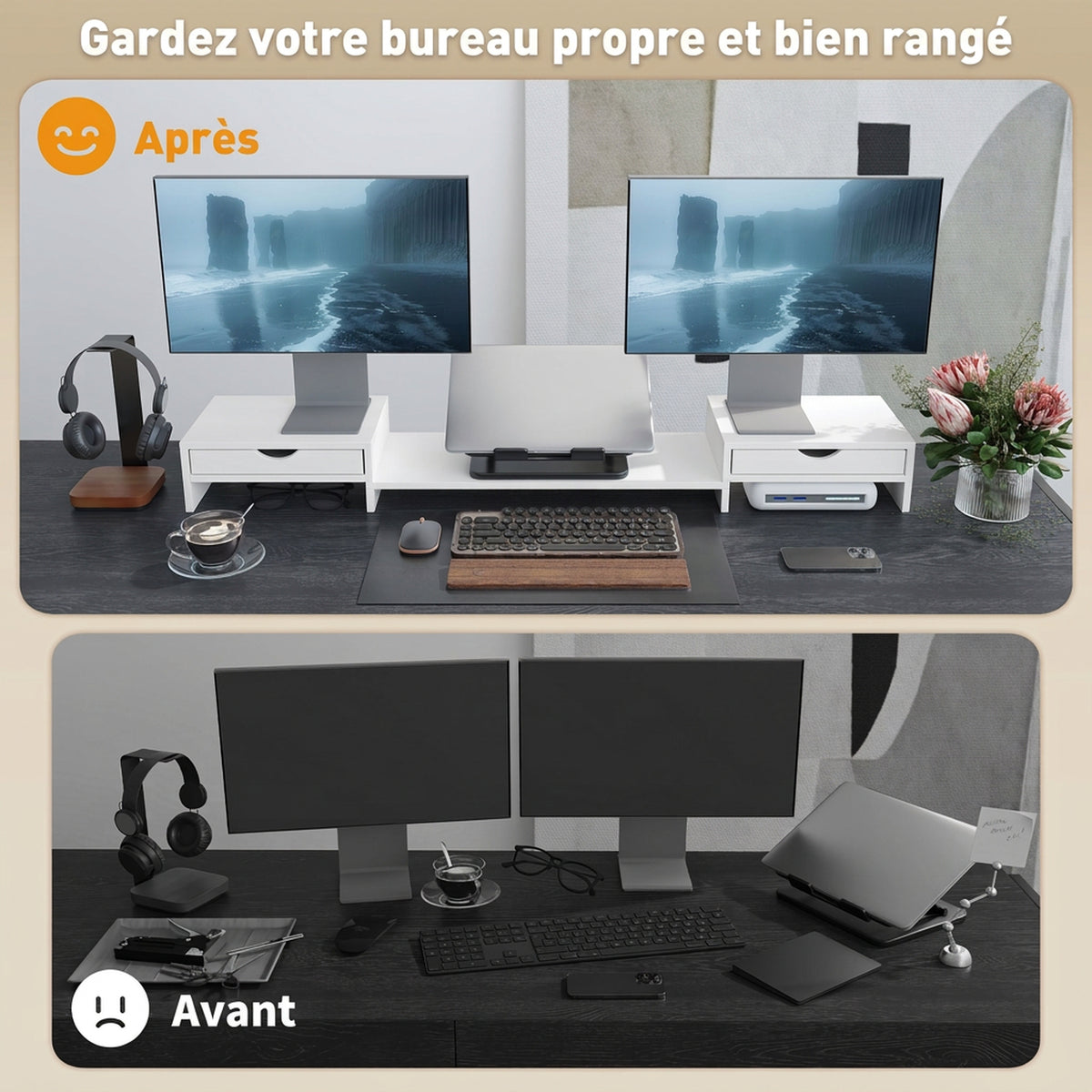 Rehausseur écran PC bureau support d'écran d'ordinateur de 60-116 cm avec 2 tiroirs, longueur et angle réglables-4