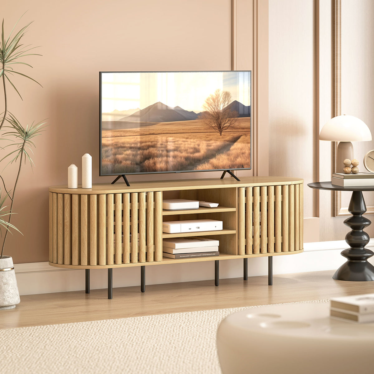 Meuble TV, meuble télé pour téléviseur 60 pouces, 2 portes à lattes, 140x40x52cm, bois naturel-9