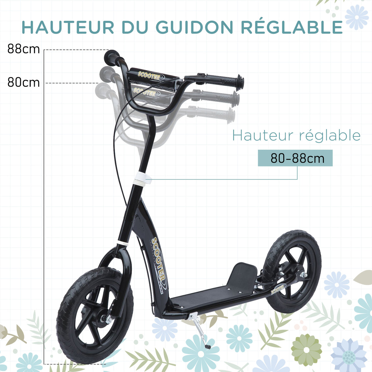 Trottinette enfant patinette pneus 30 cm Hauteur Guidon réglable poignée Frein béquille Acier enfants 5 ans Noir-4