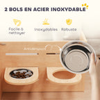 Gamelle chien surélevée de 3 hauteurs ajustables gamelle pour chien 2 bols acier inoxydable 63 x 58,5 x 40 cm chêne-6