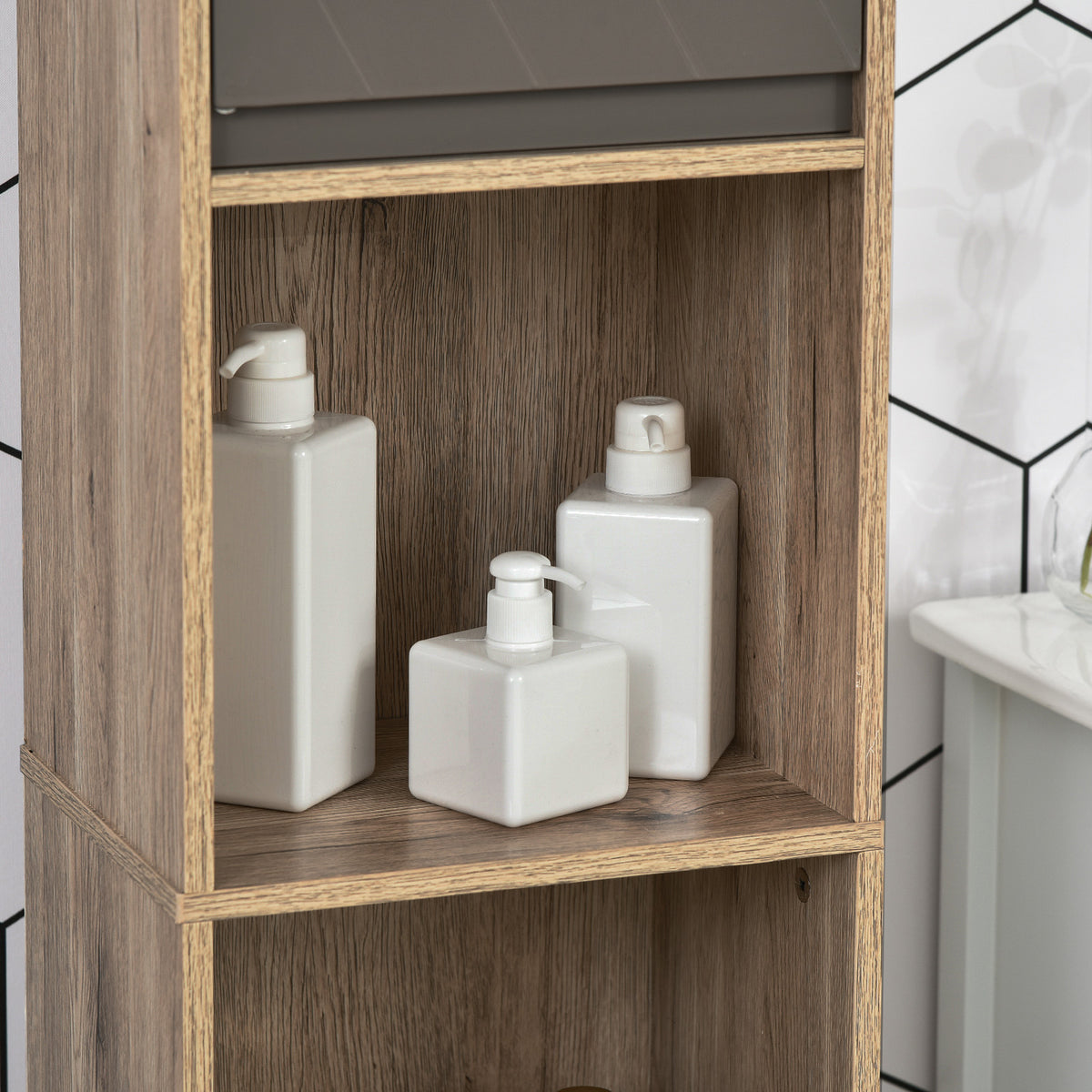 Meuble colonne salle de bain à 6 niveaux, meuble de rangement étroit avec 2 portes, 2 compartiments ouverts et étagère réglable, pour toilette, petits espaces, 30 x 24 x 170 cm gris et chêne-8