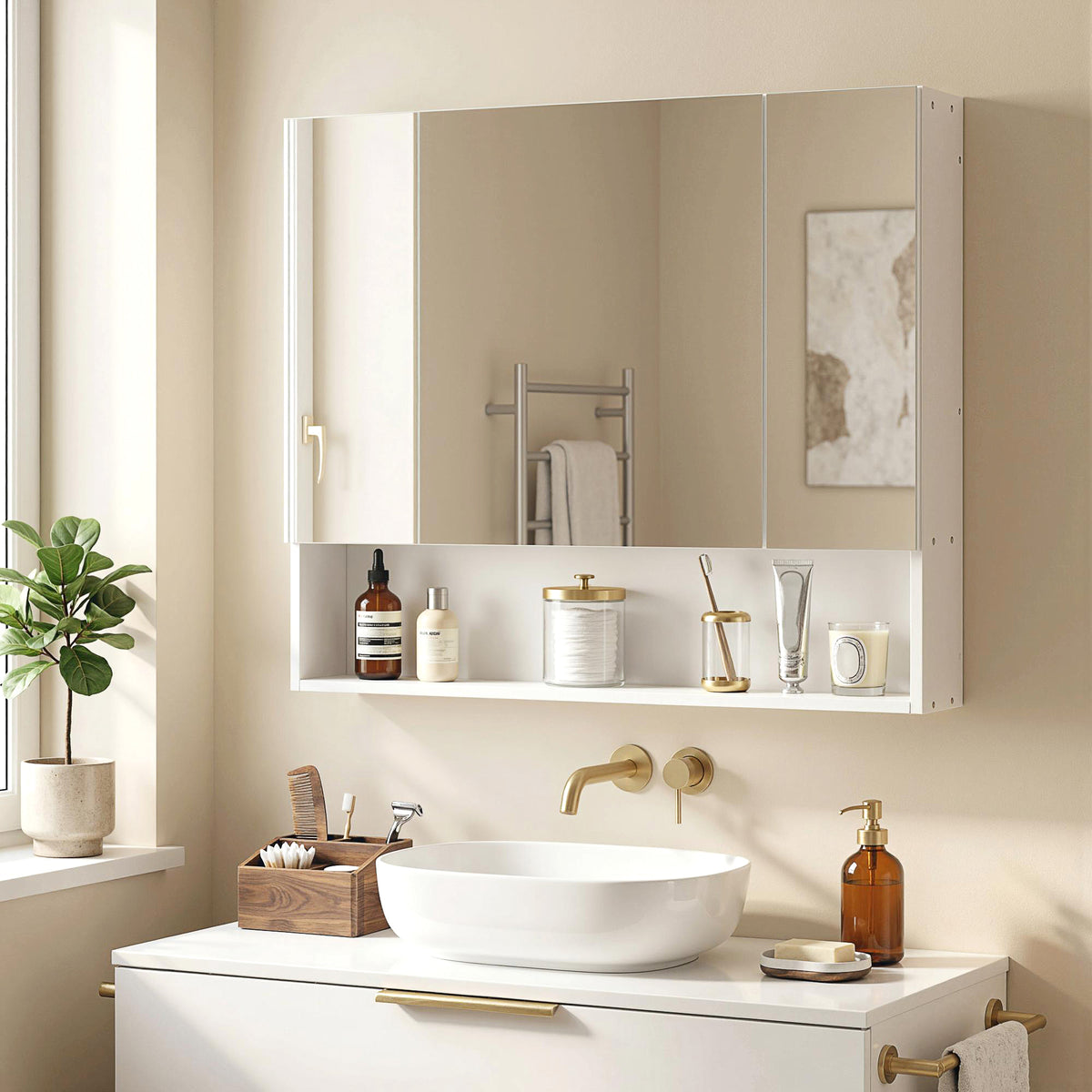 Armoire murale salle de bain avec miroir, armoire de toilette 3 portes miroir, étagères réglables, 90x15x75cm, blanc-7
