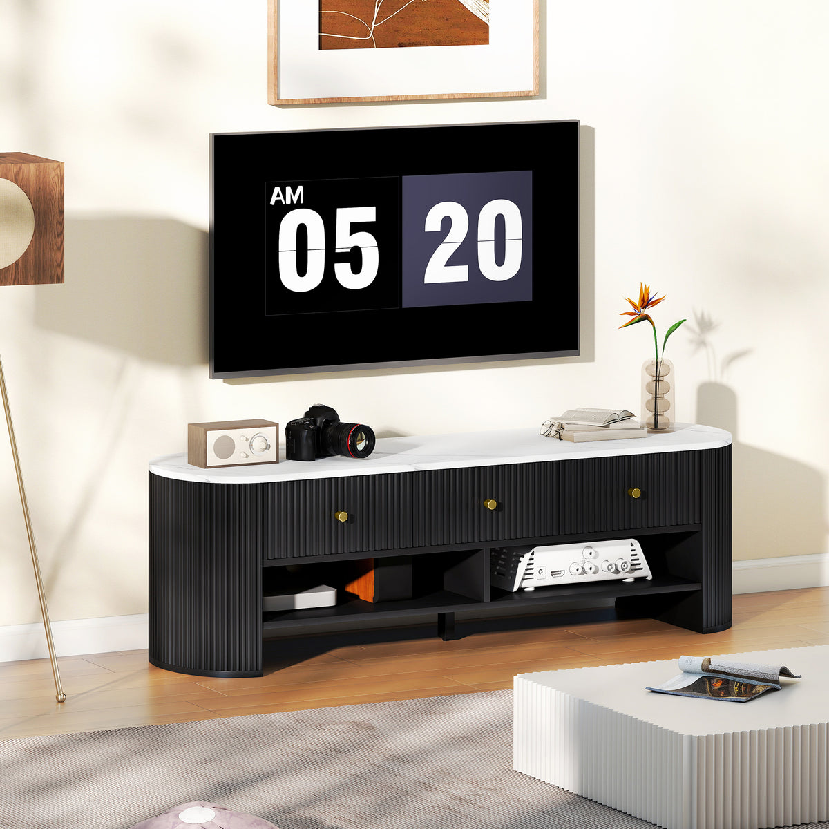 Meuble TV 140 cm, meuble télé pour téléviseur 65 pouces effet marbre avec 3 tiroirs façades à cannelures 2 étagères noir-1