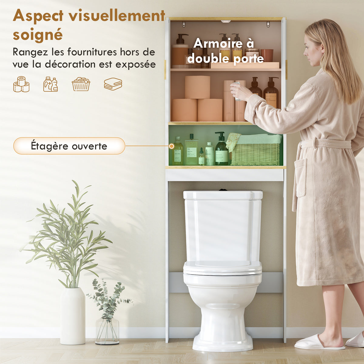Meuble WC rangement au-dessus des toilettes 3 niveaux étagère de toilettes avec étagères réglables, 64x20x170,5cm, blanc-3