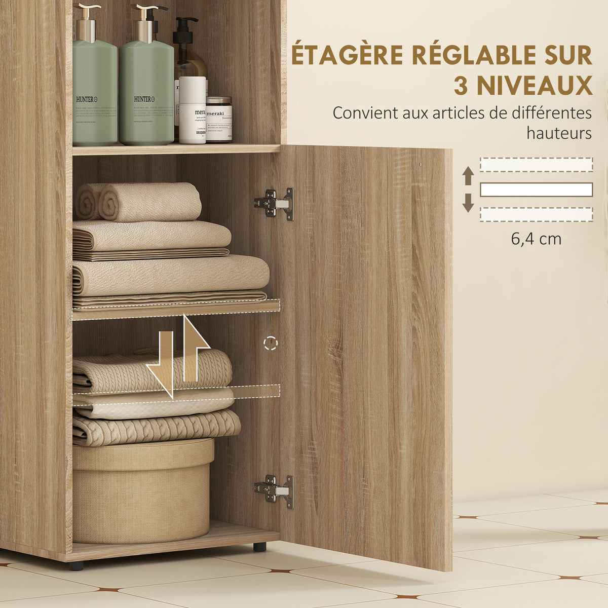 Meuble salle de bain, meuble de rangement étroit 4 niveaux, placard, compartiment ouvert, 40 x 31 x 104 cm, chêne jaune-4