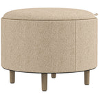 Pouf rond repose-pieds tabouret avec coffre de rangement, plateau réversible, meuble 3 en 1 pied en bois beige-0