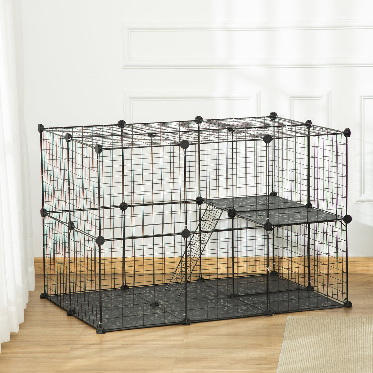 Enclos pour petits animaux, cage à lapin modulable 3 niveaux, 39 panneaux avec rampes, en métal, 70 x 70 x 105 cm, noir-1