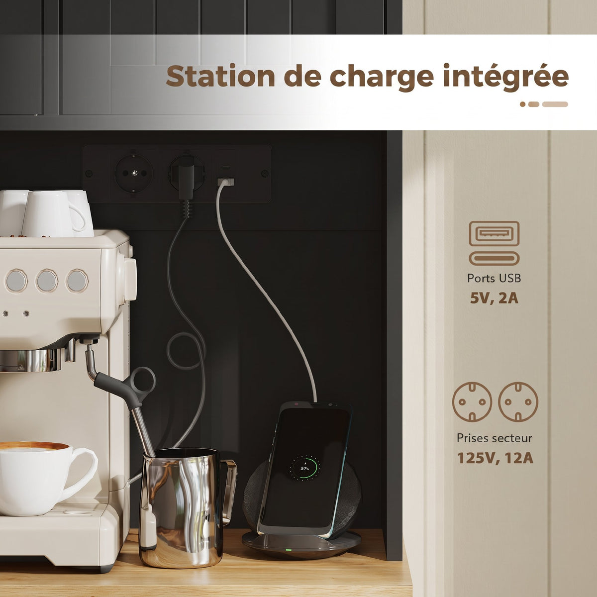 Buffet haut cuisine, armoire de cuisine, station de charge, 6 portes, plan de travail, porte-épices, 100x40x173cm, noir-5