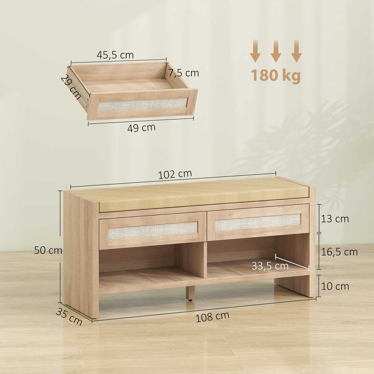 Banc chaussures entrée, banc de rangement, assise rembourrée en lin, 2 tiroirs en rotin et étagère ouverte, chêne-2
