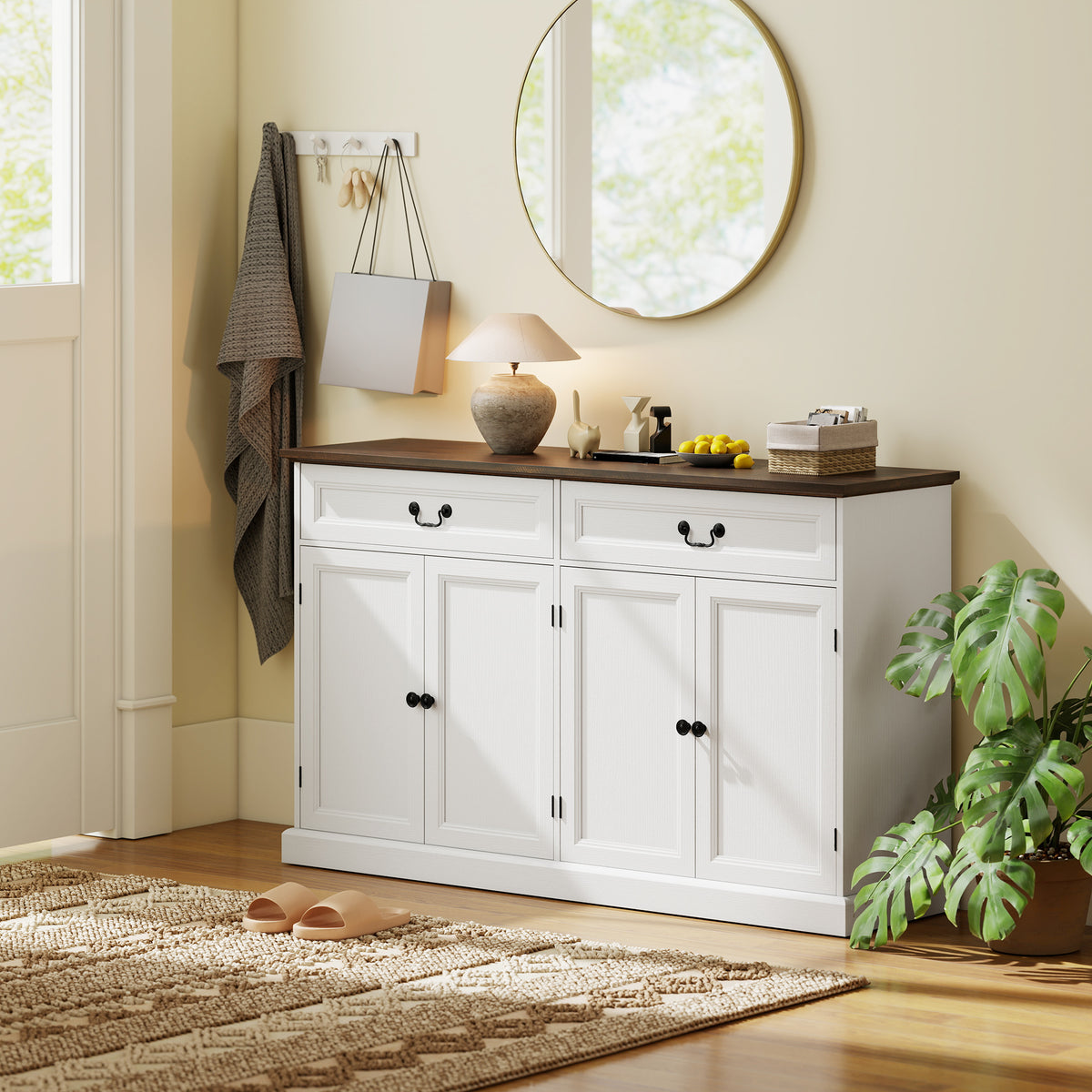 Buffet salon, meuble de rangement avec 4 portes, 2 tiroirs silencieux, étagères réglables, 140x40x85cm, blanc et marron-8