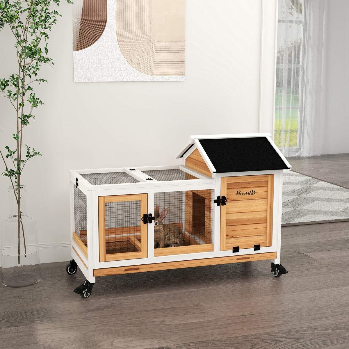Clapier cage à lapins rongeurs sur roulettes 2 portes verrouillables - 108 x 58 x 73,5 cm bois massif jaune-1