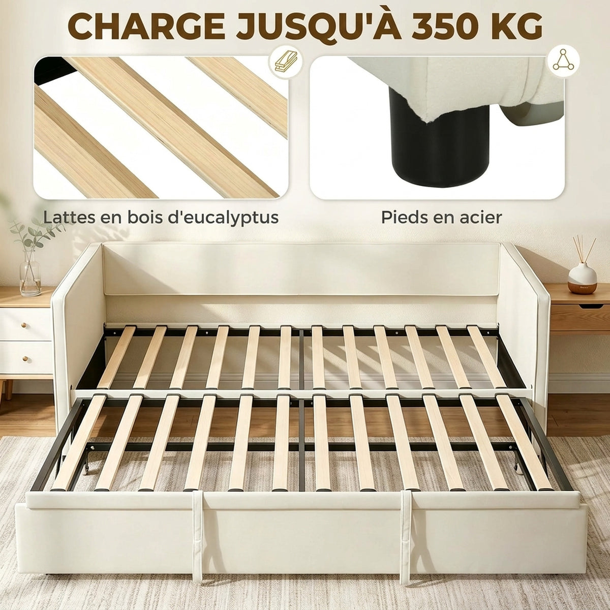 Cadre de lit canapé-lit 2 en 1, canapé 2 places et lit double, deux matelas compatible de 90 x 190 cm-6