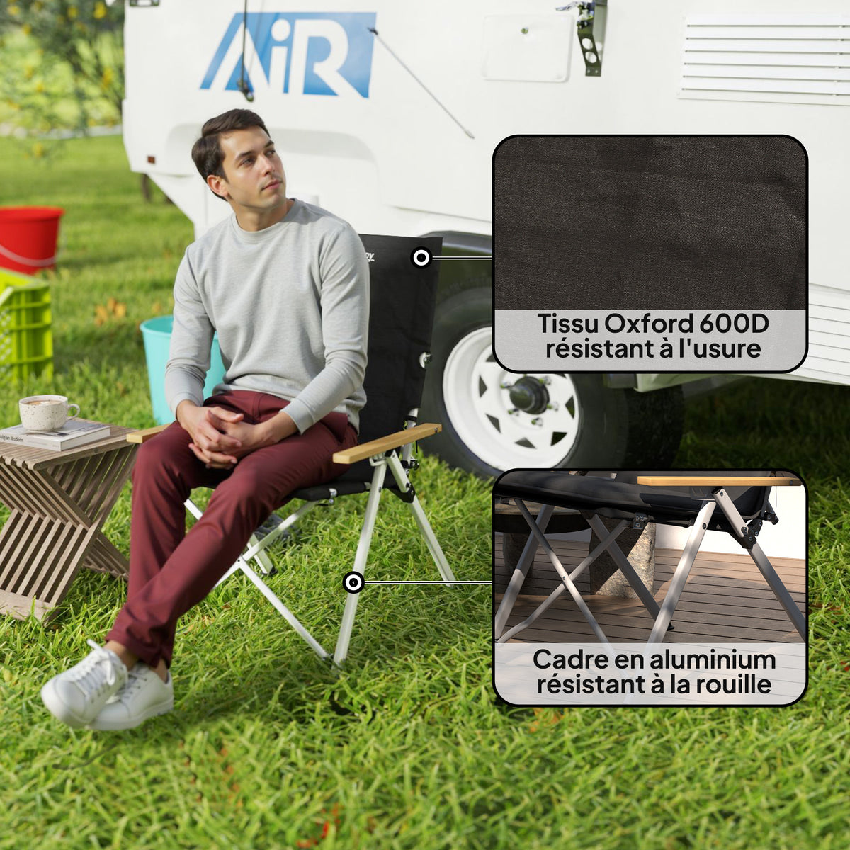 Chaise de camping chaise de pêche pliante, dossier haut, coussin amovible et sac de transport, 59x67x96cm, noir-4