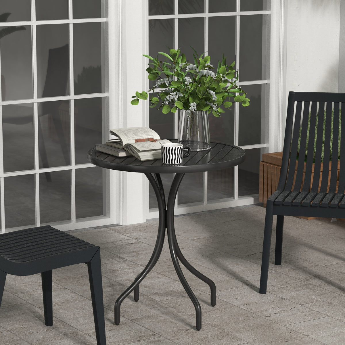 Table de Bistrot Ronde Ø 66 cm en Acier Galvanisé avec Plateau à Lattes pour Terrasse, Balcon, Noir-1