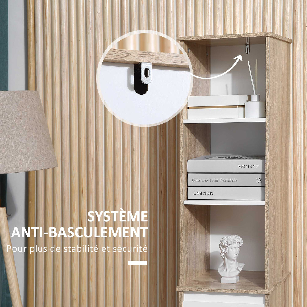 Meuble Colonne Rangement Salle de Bain Style Cosy 3 niches tiroir Placard avec étagère Blanc Aspect chêne Clair-6