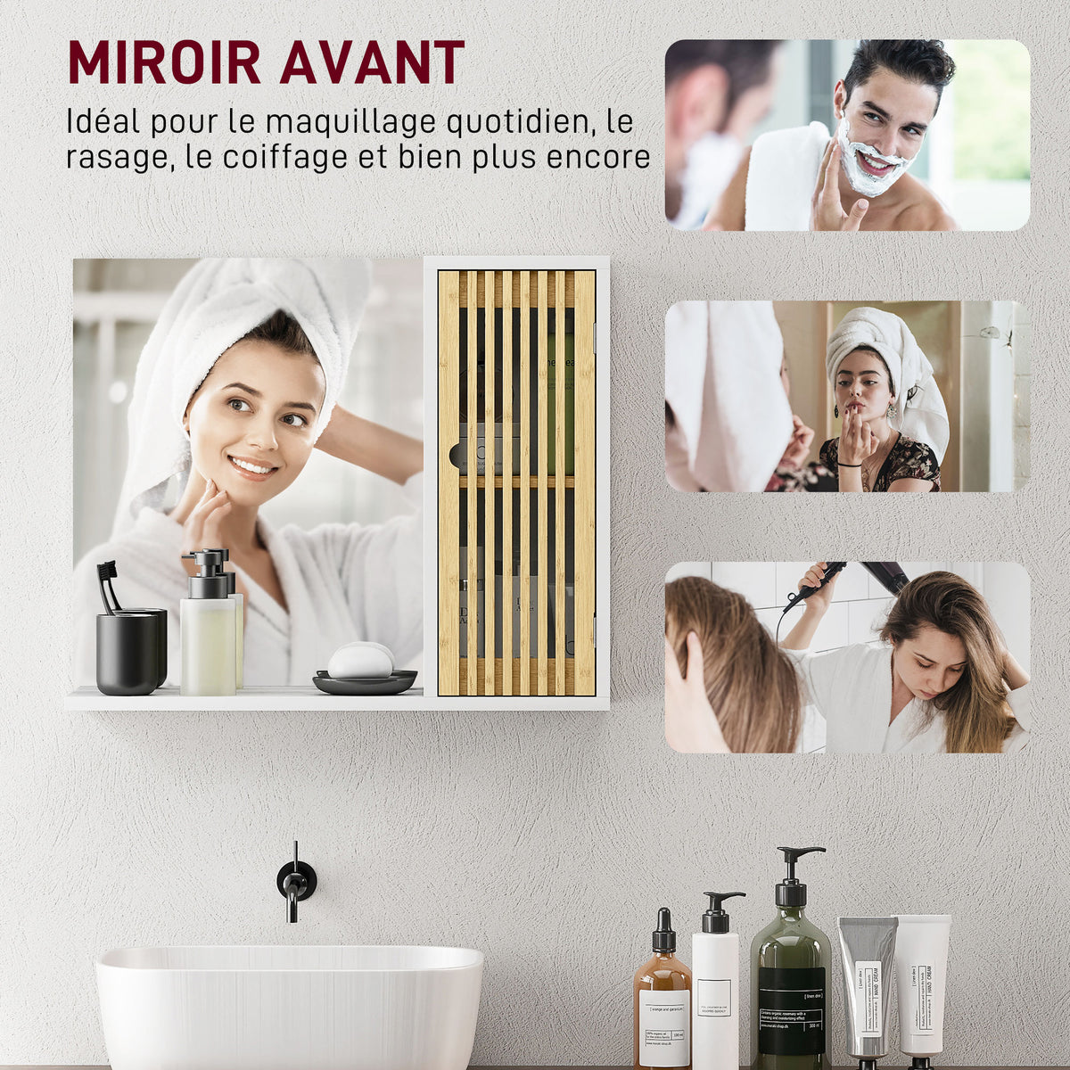 Armoire de salle de bain avec miroir, étagère, porte à lattes en bambou et étagère réglable, blanc-3