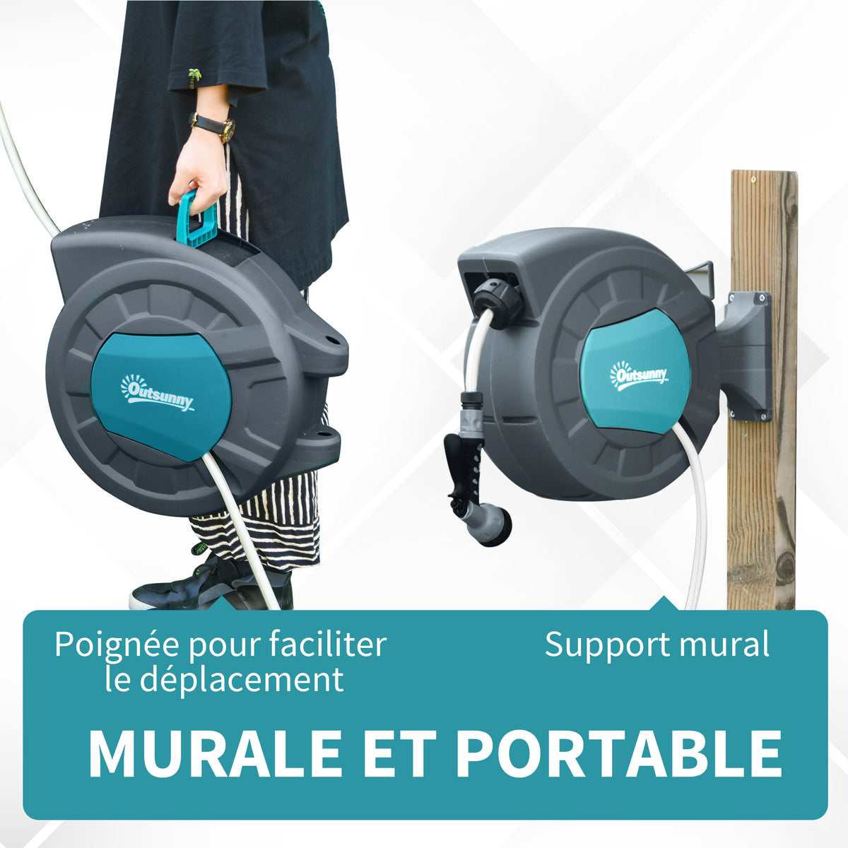 Enrouleur tuyau arrosage automatique pivotant 180° Tuyau 15 + 1,4 m avec Lance arrosage Support Mural intégré Turquoise Gris-4
