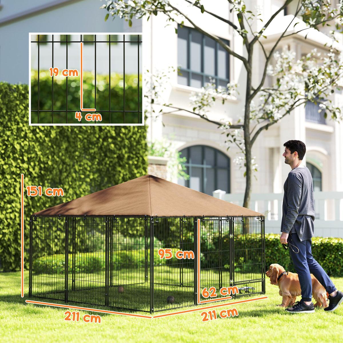 Chenil extérieur pour chiens en acier et tissu Oxford avec support gamelle toit 211 x 211 x 151 cm noir et café-2