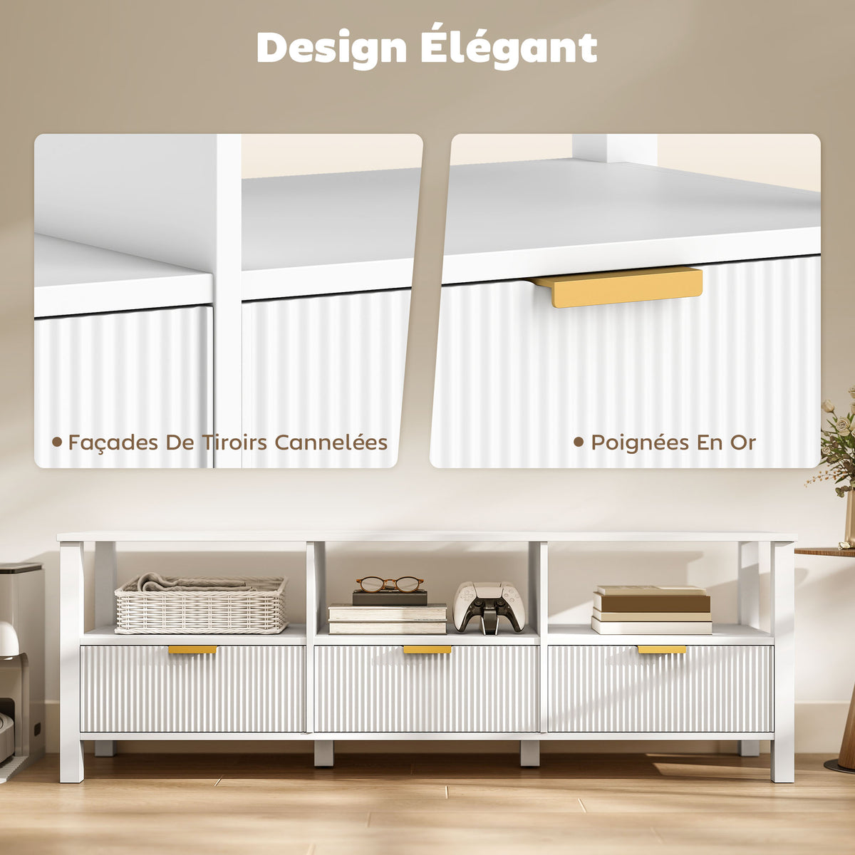 Meuble TV 152 cm, meuble télé pour téléviseur 65 pouces avec 3 tiroirs et 3 étagères ouvertes, 152x39,5x50cm, blanc-5