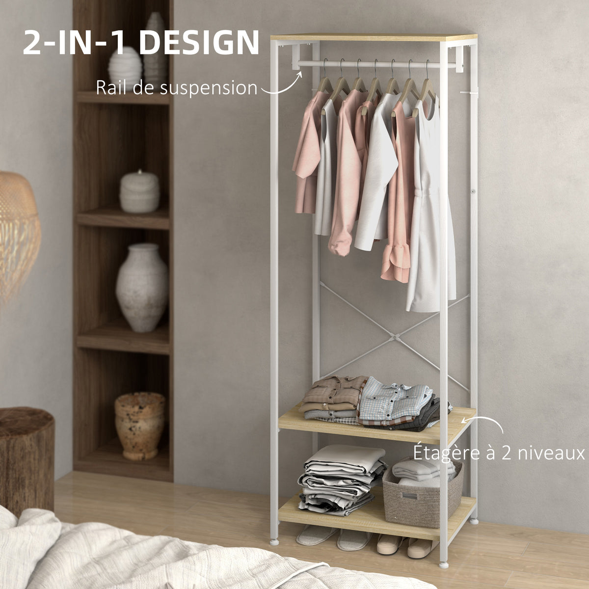 Porte-Manteaux avec tringle et 2 étagère à chaussures 60L x 40l x 167,5H cm Aspect bois Clair métal Blanc-3