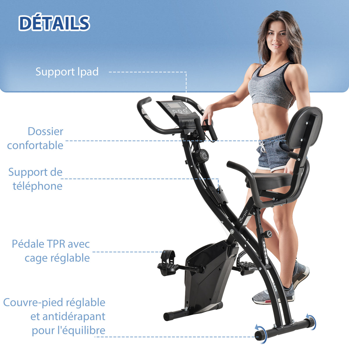 Vélo d'Appartement Pliable 4-en-1 - Ergomètre Magnétique Silencieux avec Cordes de Résistance - Sport Maison et Cardio-training avec Roulettes, Selle Confort et LCD (Max 120kg), Noir-8