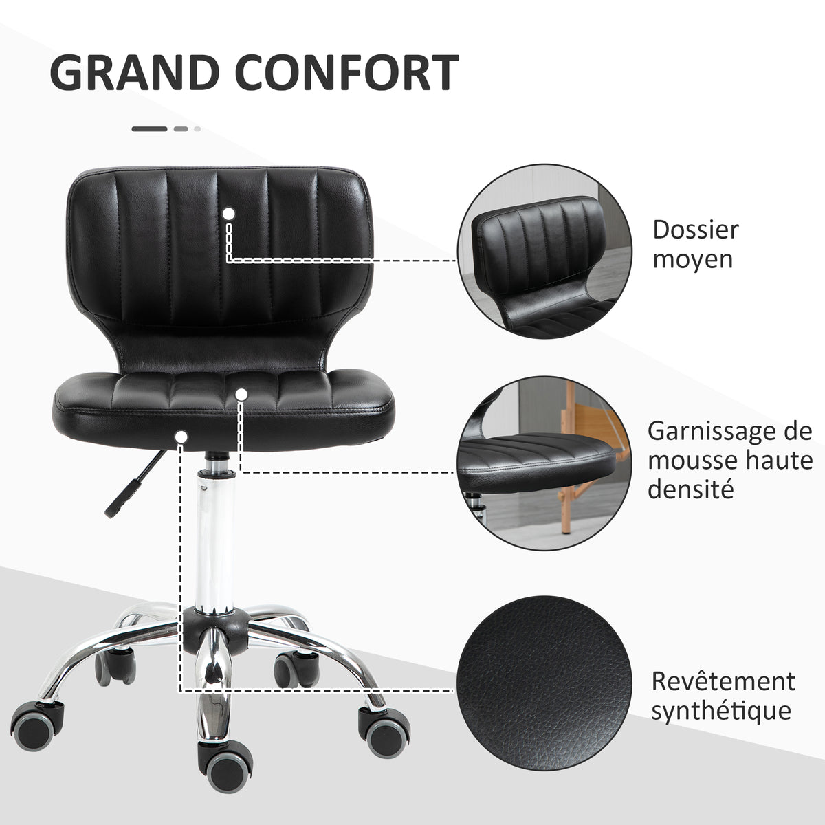 Tabouret à roulettes - tabouret de travail pivotant 360° - - tabouret ergonomique - hauteur assise réglable 47-62 cm - revêtement synthétique matelassé noir métal chromé-4