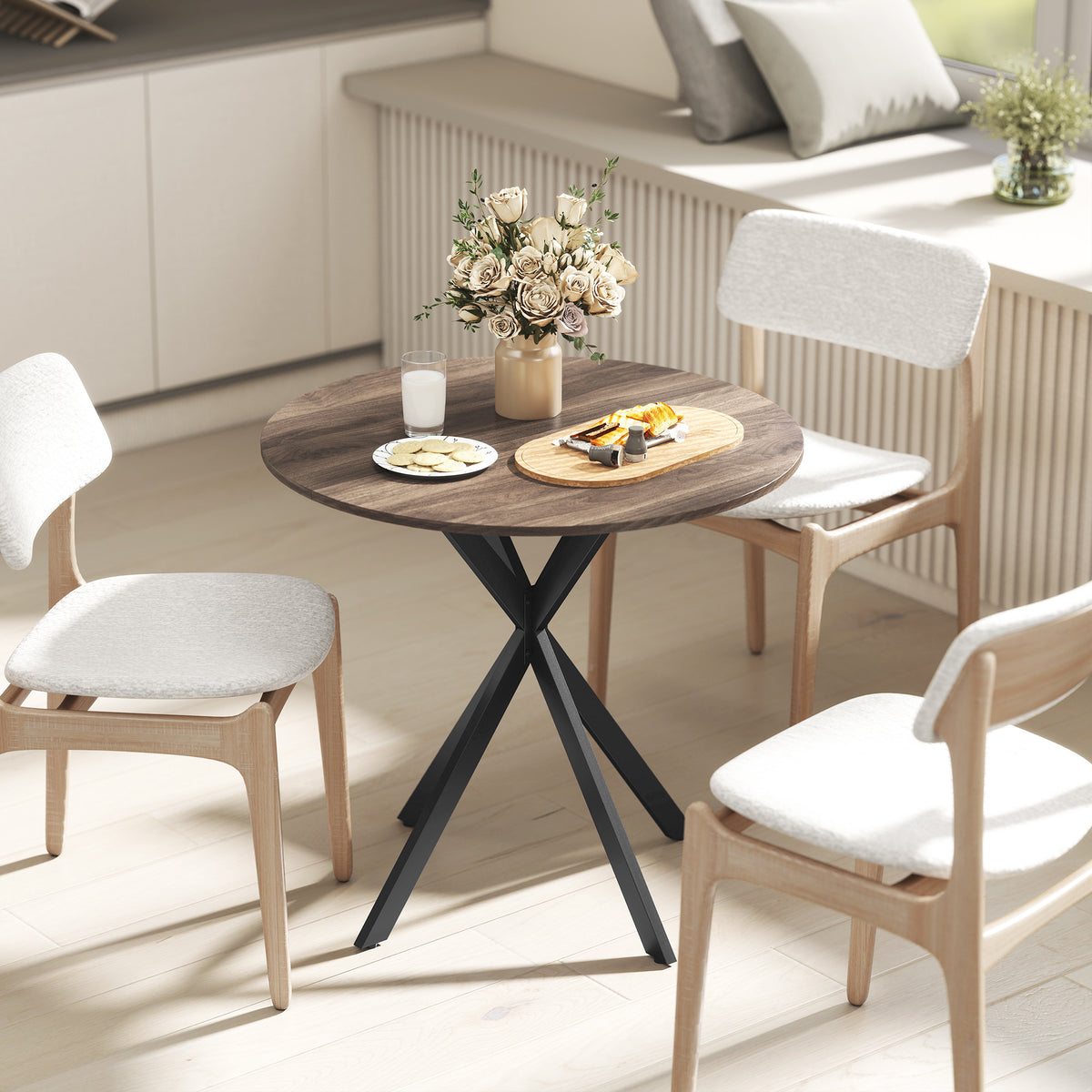 Table à manger ronde pour 2 personnes avec plateau aspect bois et piètement croisé en acier, marron-7