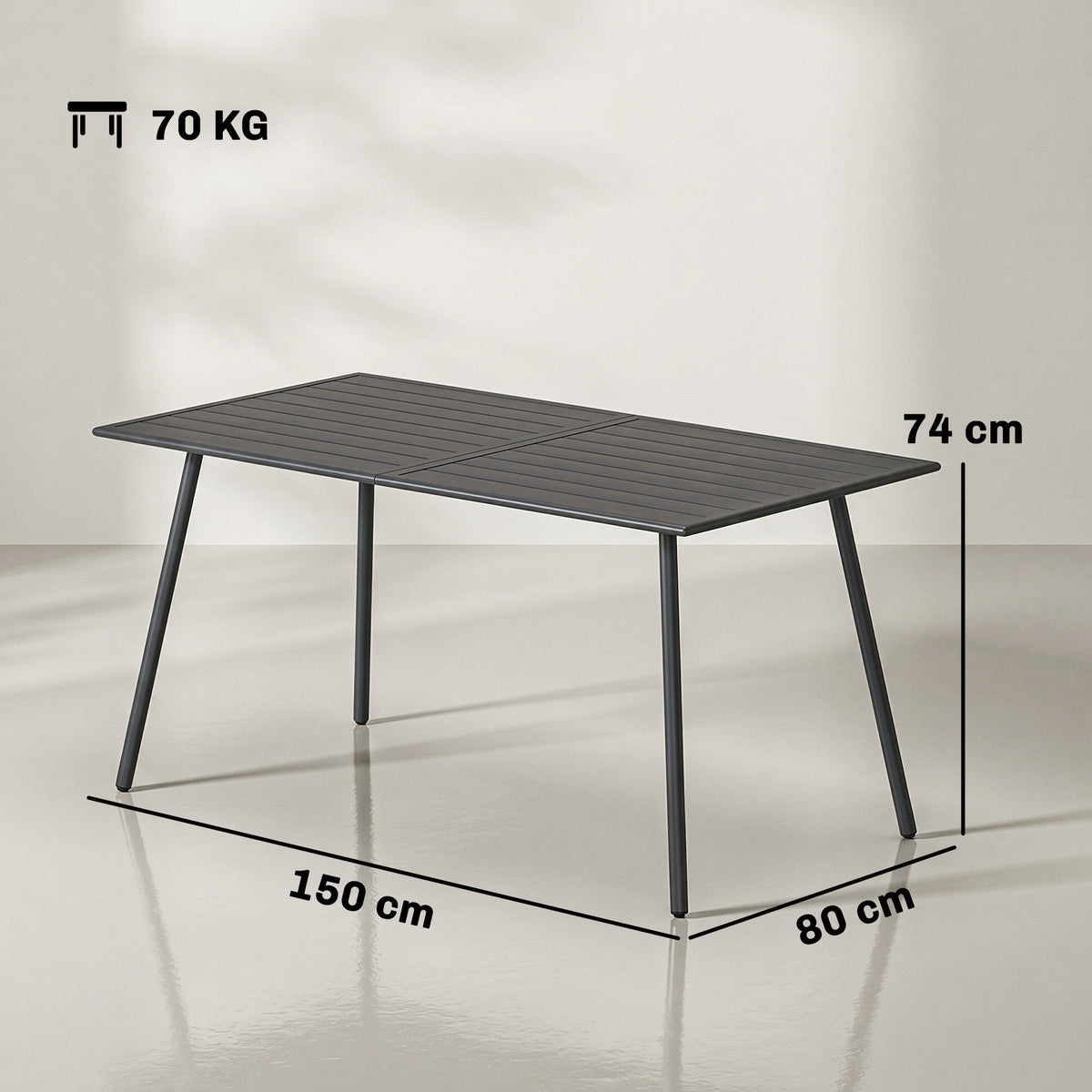 Table à manger de jardin pour 6 personnes avec plateau à lattes pour jardin, patio, terrasse, 150 x 80 x 74 cm, gris-2