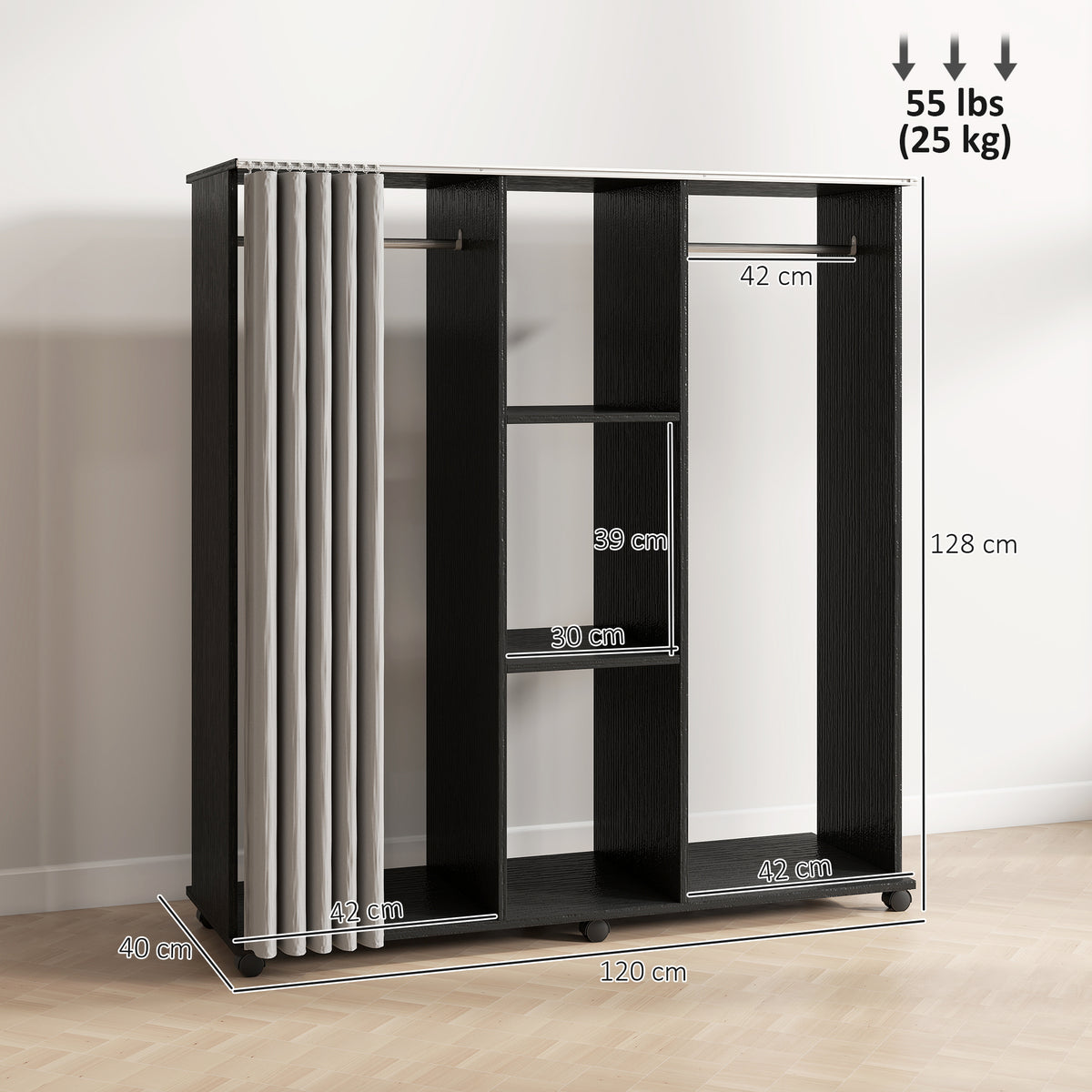 Armoire penderie Meuble de Rangement Mobile 6 roulettes 120L x 40l x 128H cm en bois Noir-2