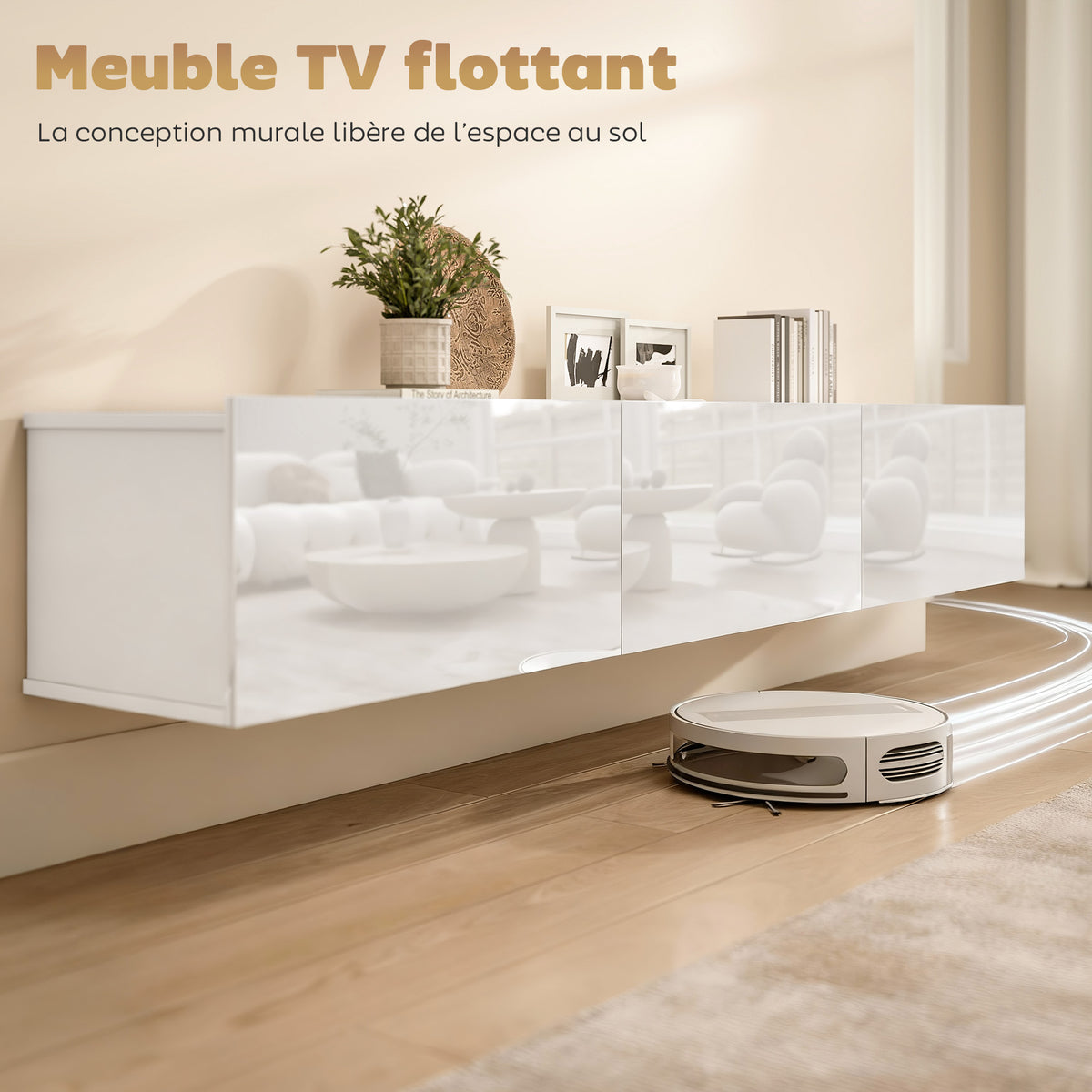 Meuble TV Suspendu 180 cm, Meuble télé pour téléviseur jusqu'à 82 Pouces 3 Portes Rabattables à Fermeture Douce, Blanc-3