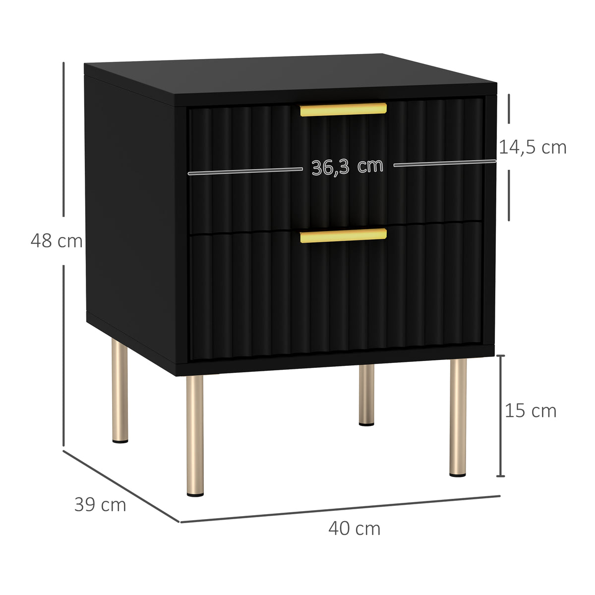 Table de chevet, table de nuit cannelée avec 2 tiroirs et pieds en acier, pour chambre à coucher, salon, noir-2