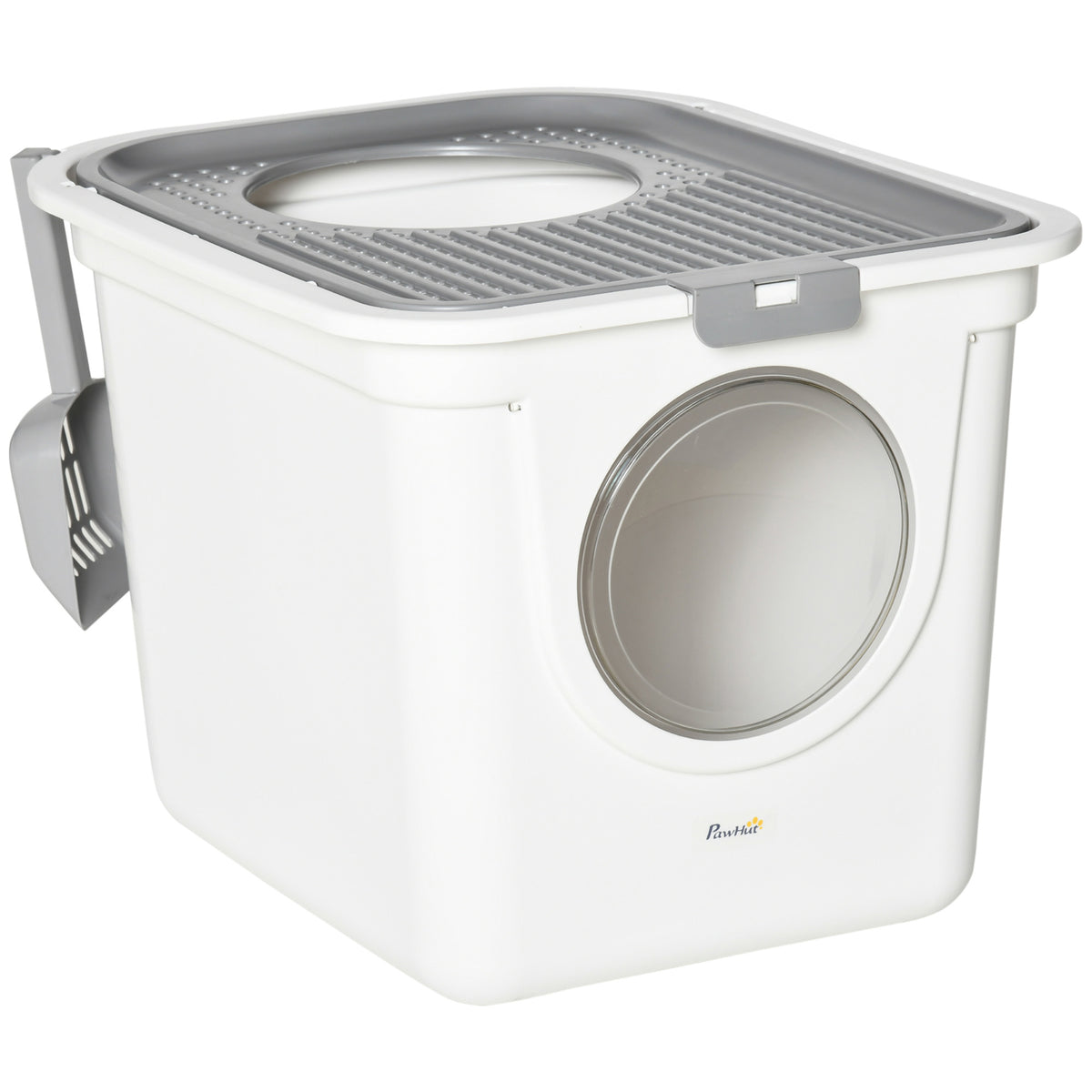 Maison de toilette Bac à litière pour chat double porte battante et supérieure, pelle fourni, 44L x 55l x 39H cm, blanc-0