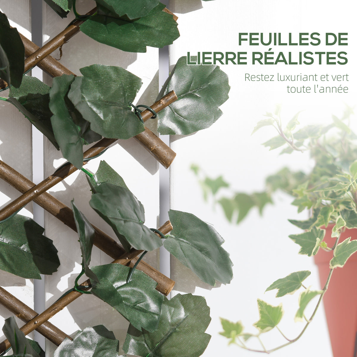 Haie artificielle feuilles murale brise-vue 2 panneaux longueur ajustable 295 x 70 cm treillis extensible en PE vert-4