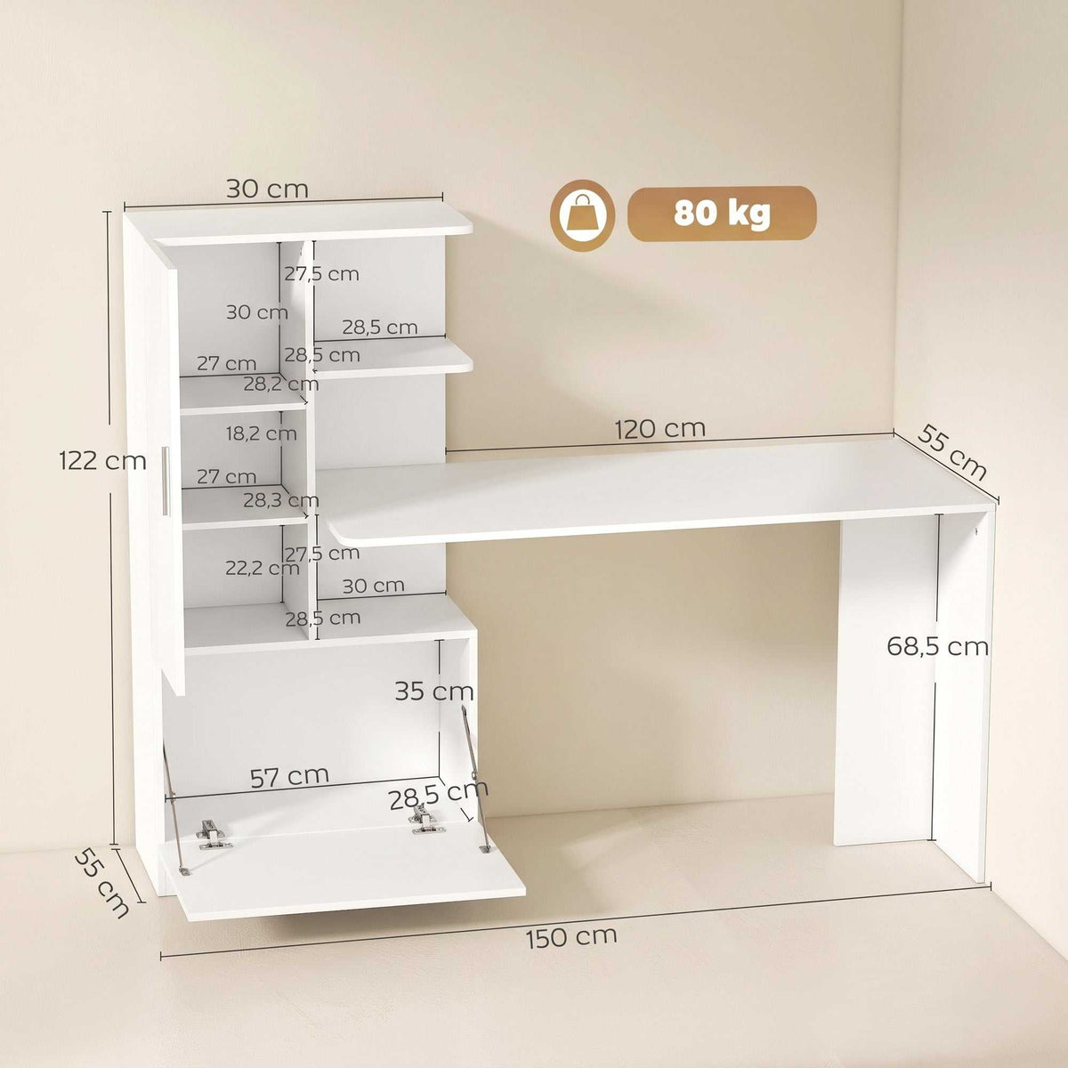Bureau d'Ordinateur avec Bibliothèque, Bureau Informatique, Placard et Étagères Ouvertes, 150x55x122cm, Blanc-2