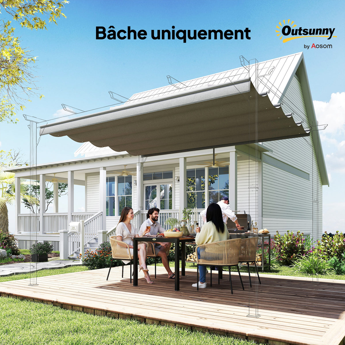 Toile de toit pour pergola tonnelle rétractable de 4 x 3 m - toile uniquement 350 x 260 cm gris clair-7