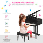 Piano à queue enfant en bois Piano enfant clavier de piano 30 touches - tabouret et pupitre inlus - Instrument de Musique - MDF noir-6