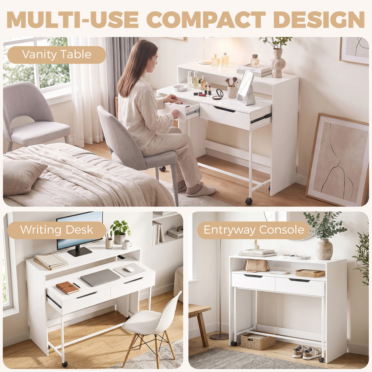 Bureau d'Ordinateur Extensible 100 cm avec 2 Tiroirs, Bureau avec Rangement, Style Moderne, Blanc-7