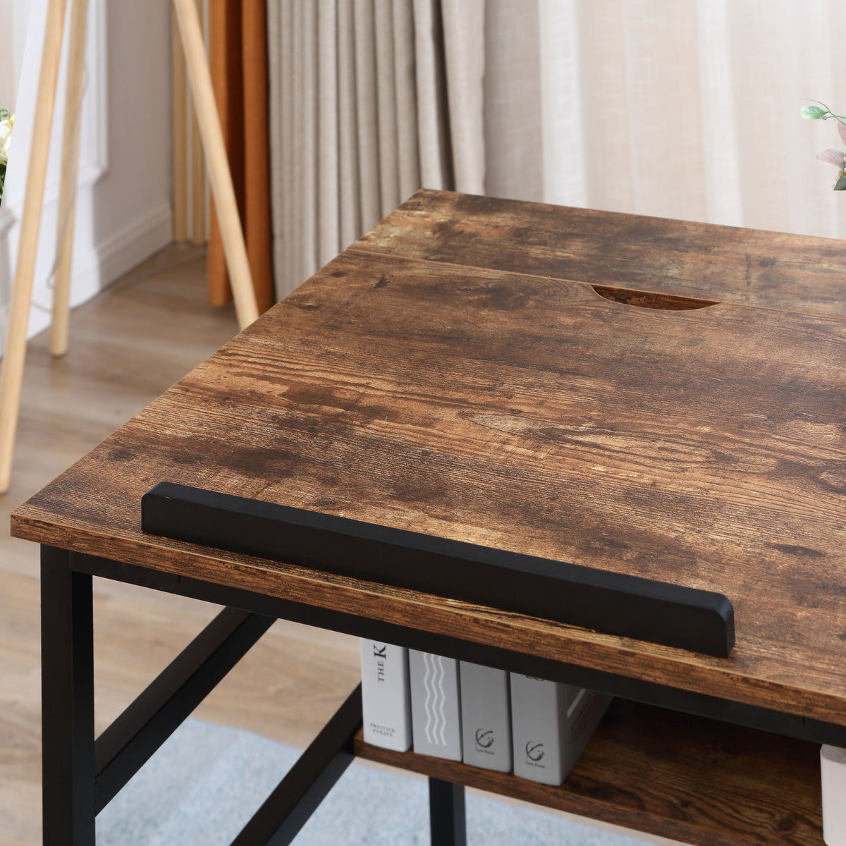 Table à dessin inclinable bureau informatique design industriel - plateau relevable, étagère - panneaux particules aspect vieux bois métal noir-8