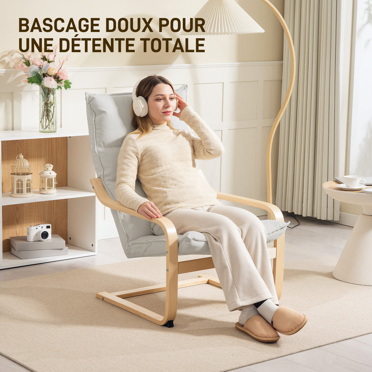 Fauteuil salon fauteuil de loisirs moderne fauteuil chambre avec accoudoirs incurvés, coussins, 67 x 83 x 105 cm, crème-5
