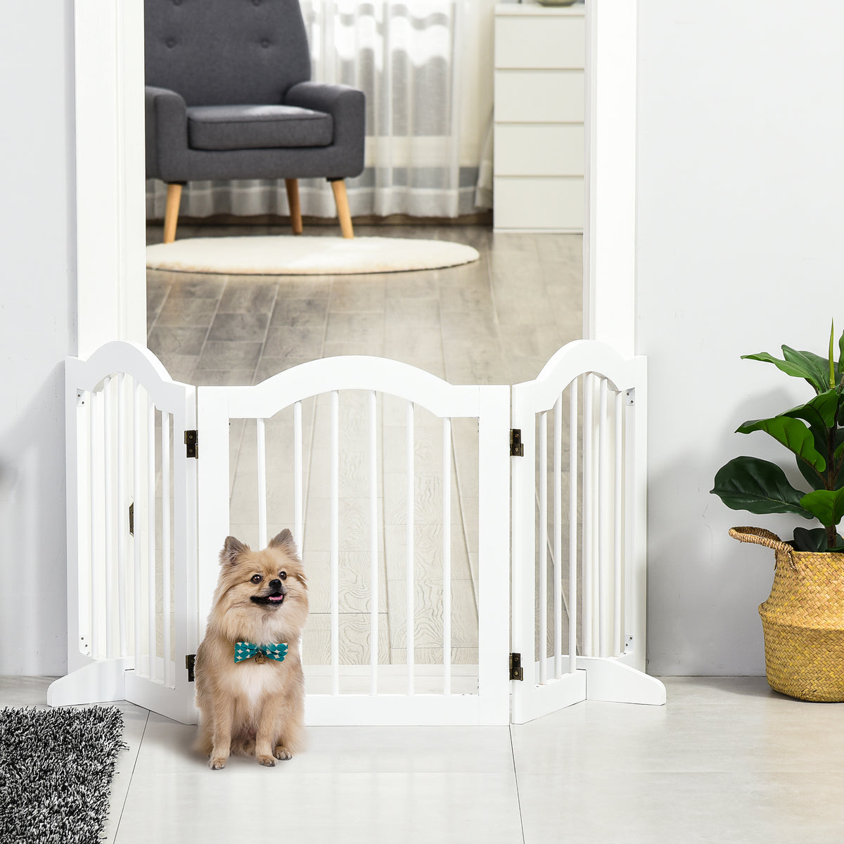 Barrière de sécurité chien barrière modulable pliable pour animaux de compagnie avec pied de support MDF bois massif 154,5 x 61 cm blanc-1