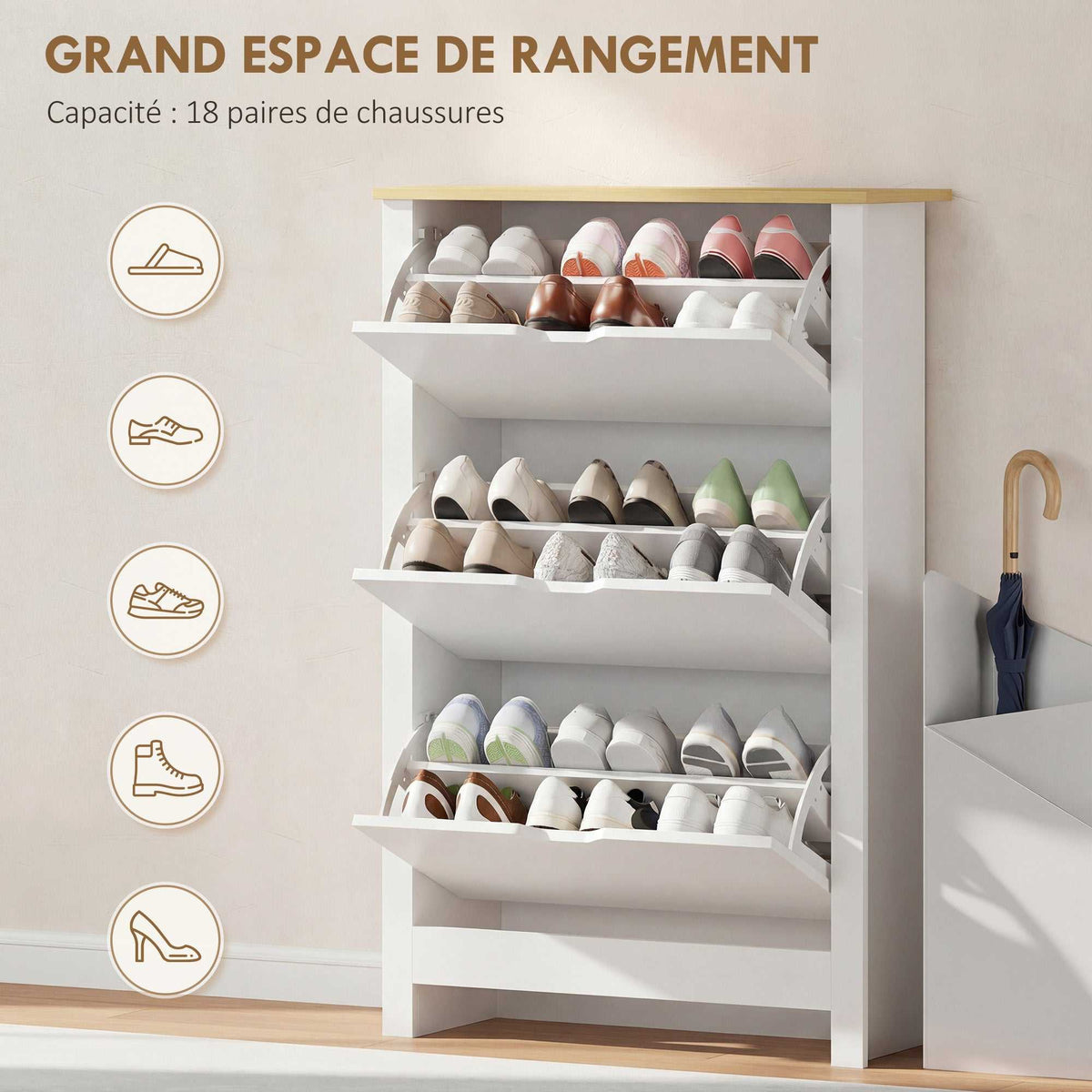 Armoire à Chaussures 3 Portes abattantes 2 Compartiments Panneaux Particules Blanc chêne-3