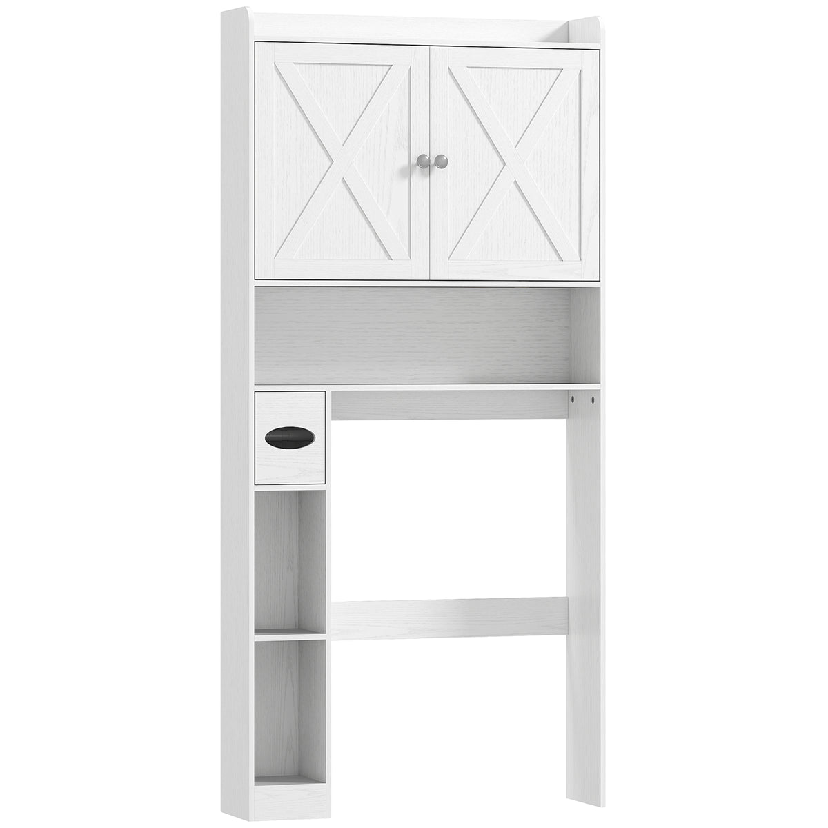 Meuble WC dessus de toilette avec placard à porte de grange, étagère réglable, compartiments et porte-papier, blanc-0