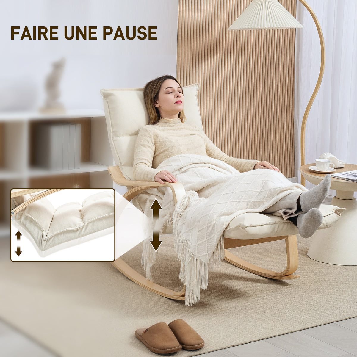 Fauteuil à bascule avec repose-pieds ajustable, rocking chair avec pieds en bois de bouleau, 67 x 106-123 x 92 cm, crème-3