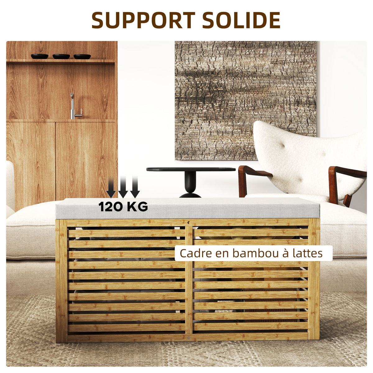 Banc de rangement, coffre de rangement rembourré en tissu aspect lin, couvercle et structure en bambou, gris et naturel-5