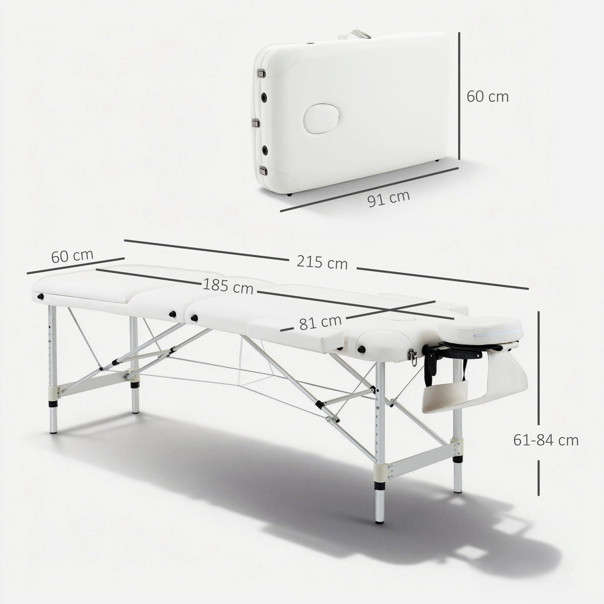 Table de massage 3 zones pliante cosmétique portable charge max. 225 Kg hauteur réglable cadre en alliage blanc-2